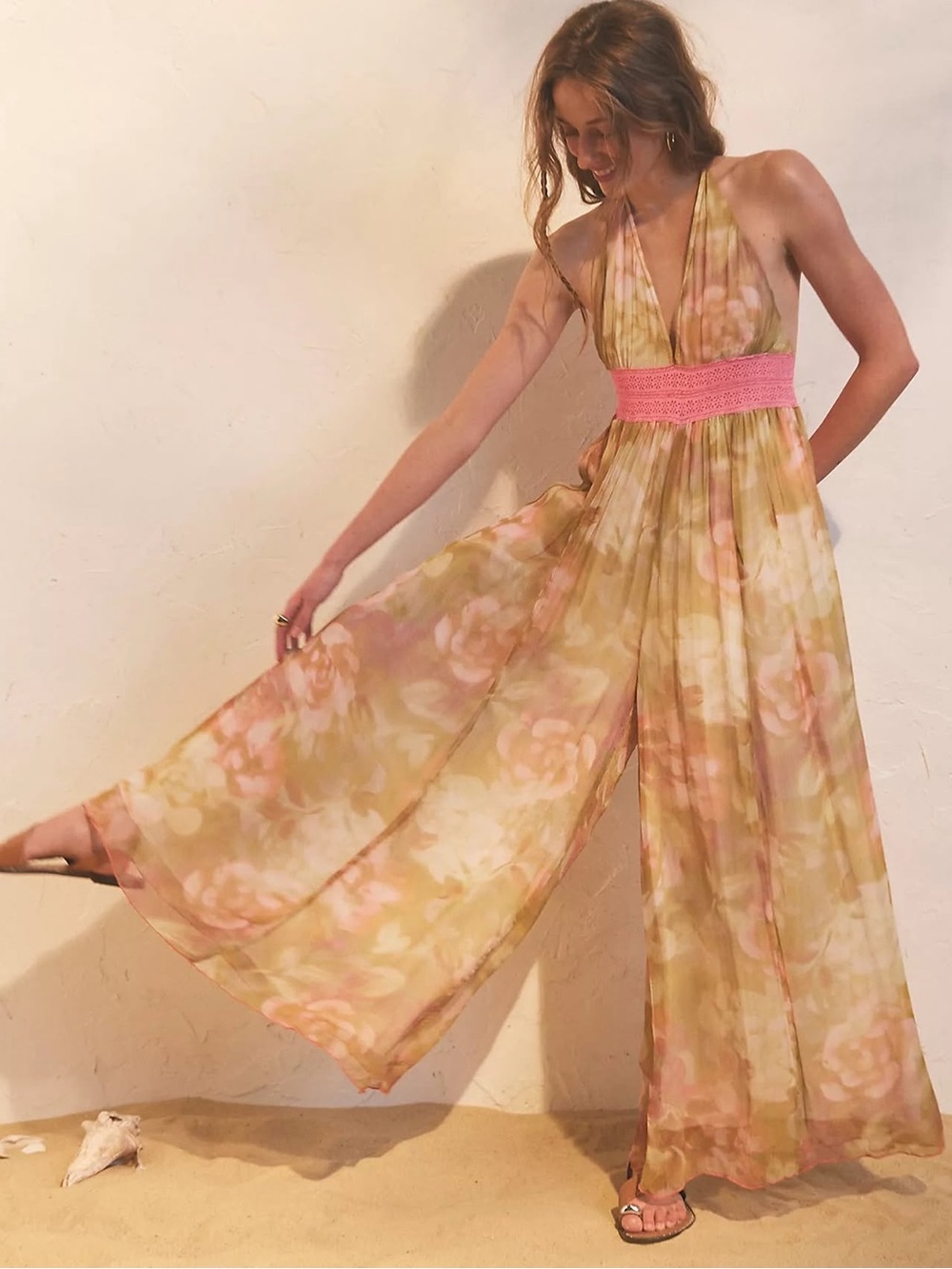Free People Ultraviolet Haze Floral Halter Jumpsuit in Pink and Beige